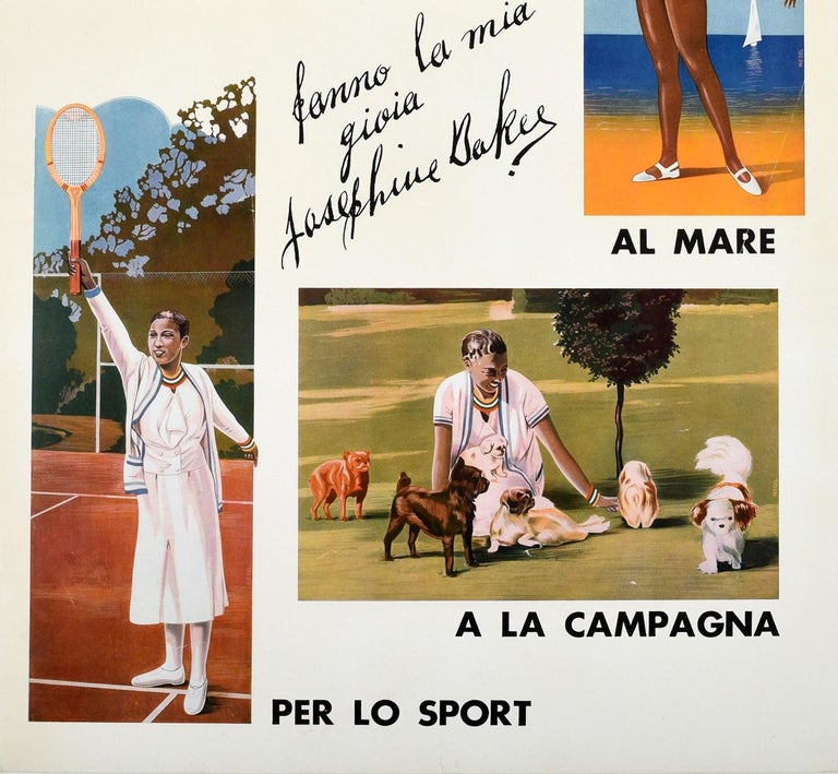Italian Original Vintage Poster Josephine Baker SIC Collane Braccialetti Tennis Dogs Sea For Sale