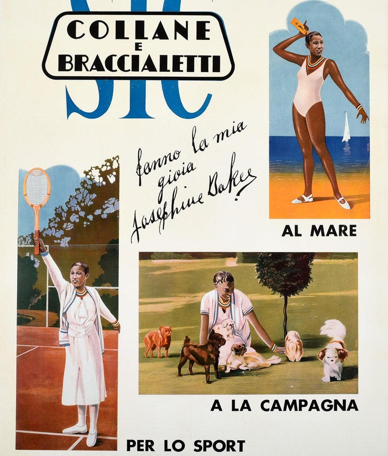 Original Vintage Poster Josephine Baker SIC Collane Braccialetti Tennis Dogs Sea In Good Condition For Sale In London, GB