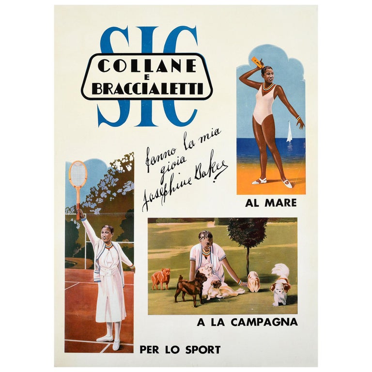 Original Vintage Poster Josephine Baker SIC Collane Braccialetti Tennis Dogs Sea For Sale