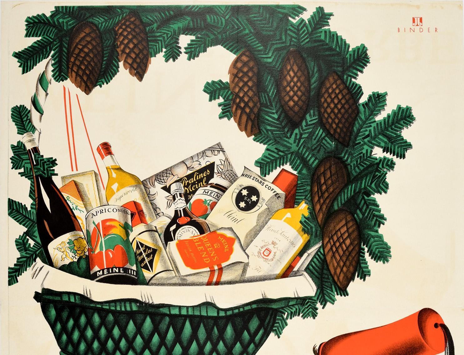 Original vintage advertising poster Meinl gift baskets / Meinl Geschenkkorbe featuring a great design depicting a person holding up a green hamper basket of food and drink including pralines, tea and coffee, wine and tinned fruit with pine cones and