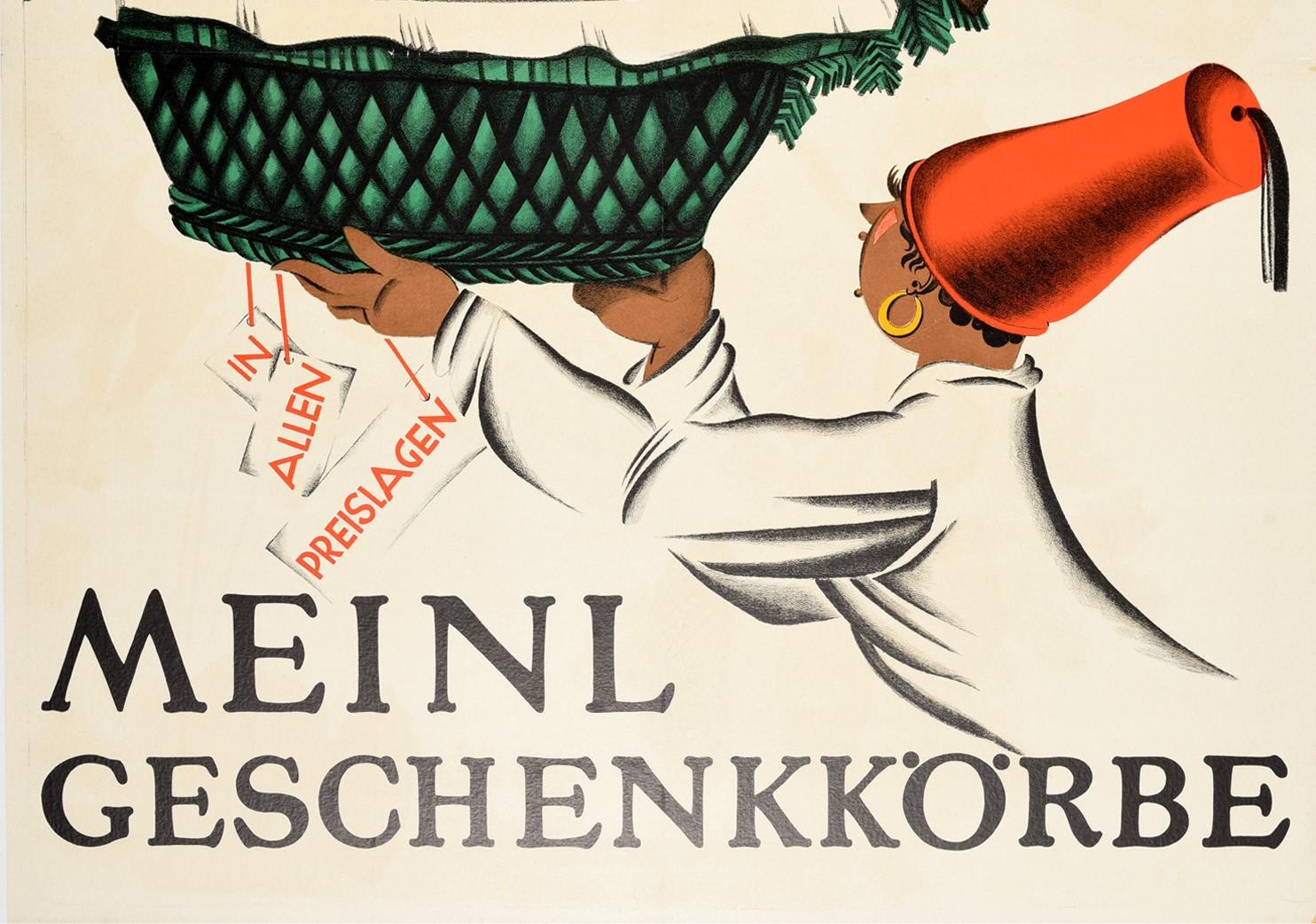 Allemand Affiche rétro originale Julius Meinl Geschenkkorbe cadeau panier à boissons en vente