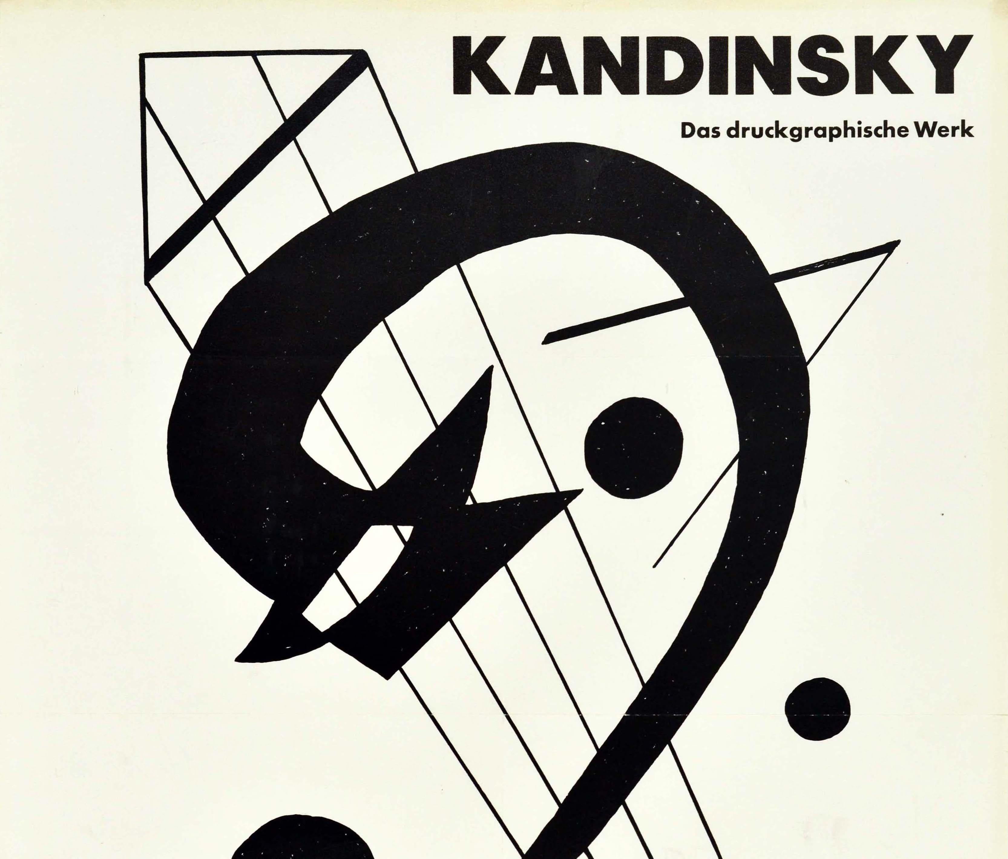 Original vintage advertising poster for an exhibition of graphic works by the notable abstract artist Wassily Kandinsky (1866-1944) held at the Stadtische Gallery in Lenbachhaus Munich from 2 July to 6 December 1966 to commemorate the 100th