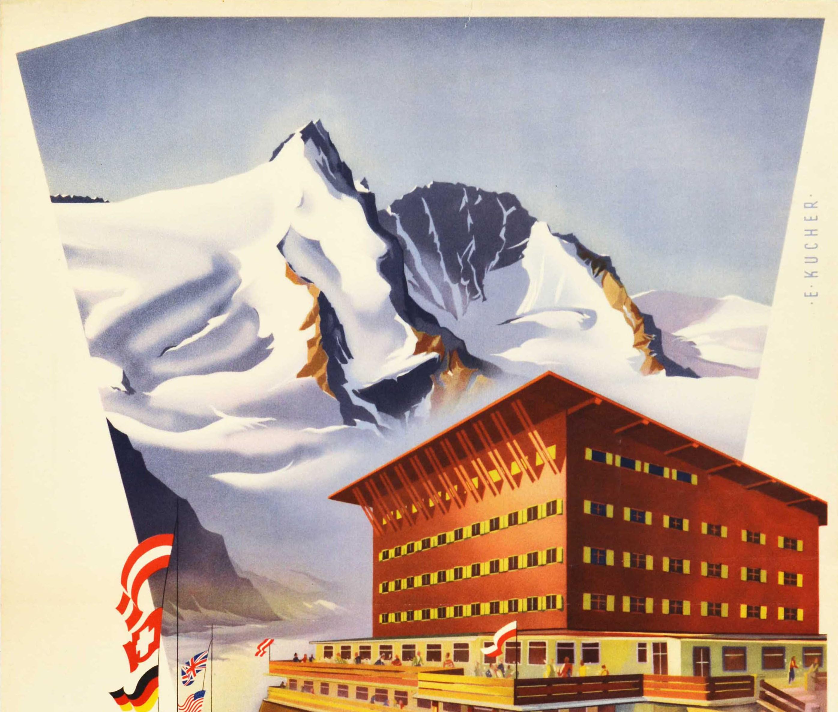Original vintage winter sport ski travel poster for Karnten Austria Grossglockner 3798m Alpenhotel Kaiser-Franz-Josef-Haus featuring stunning artwork of the alpine hotel with people on the sun terrace enjoying the view of the Pasterze Glacier and