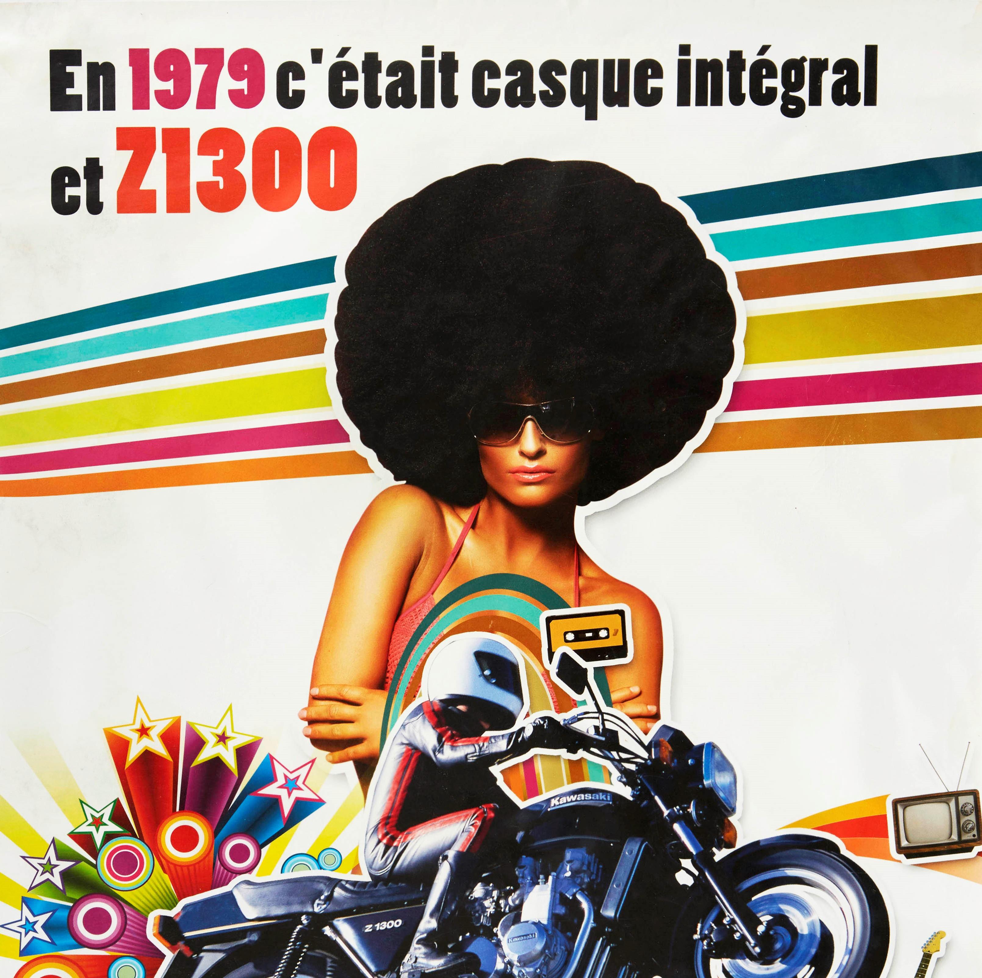 Original vintage Kawasaki motorcycle advertising poster - En 1979 c'etait casque integral et Z1300 / 30 ans deja - featuring a colorful retro seventies design depicting a young lady wearing sunglasses and standing with her arms crossed behind a
