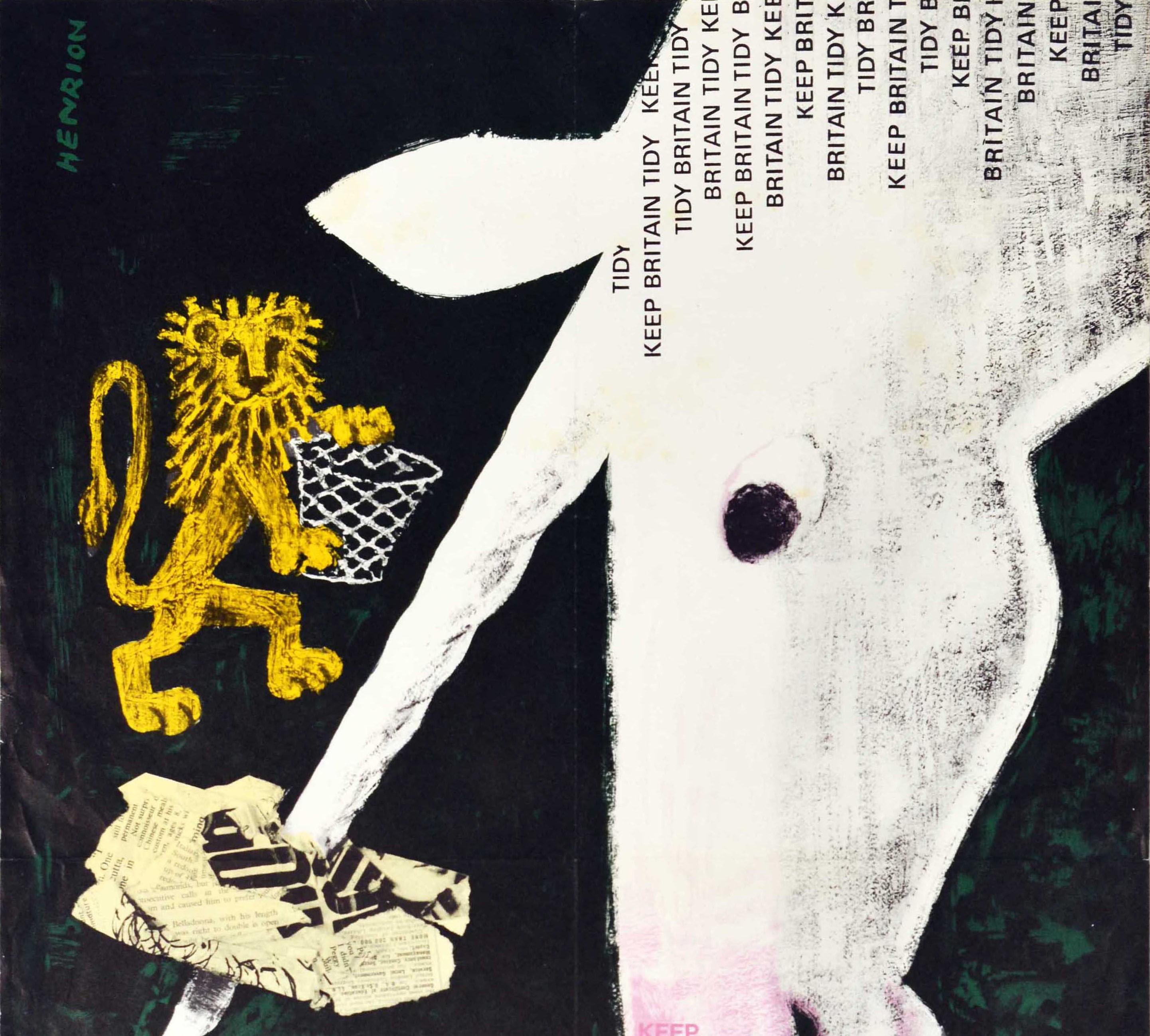 Original vintage propaganda poster against litter and rubbish with the text Keep Britain Tidy on a white unicorn picking up a discarded paper to throw in a bin held by a lion, representing the heraldic symbols of the United Kingdom (the lion for