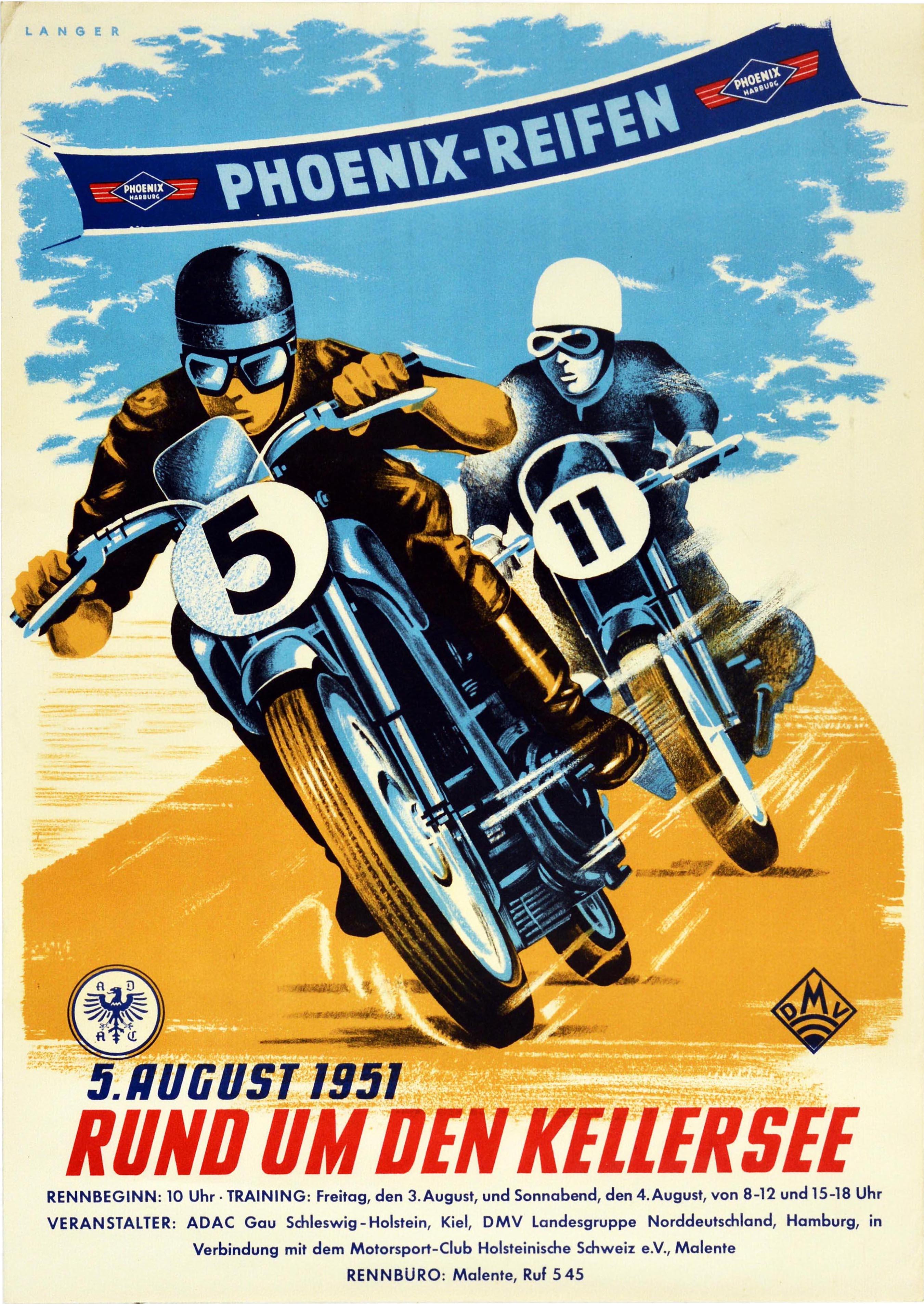 Original vintage advertising for a race sponsored by Pheonix Reifen Rund um den Kellersee / Phoenix Tyres around Kellersee Lake on 5 August 1951 - featuring a colourful design showing two motorcyclists on blue motorbikes racing around the corner on