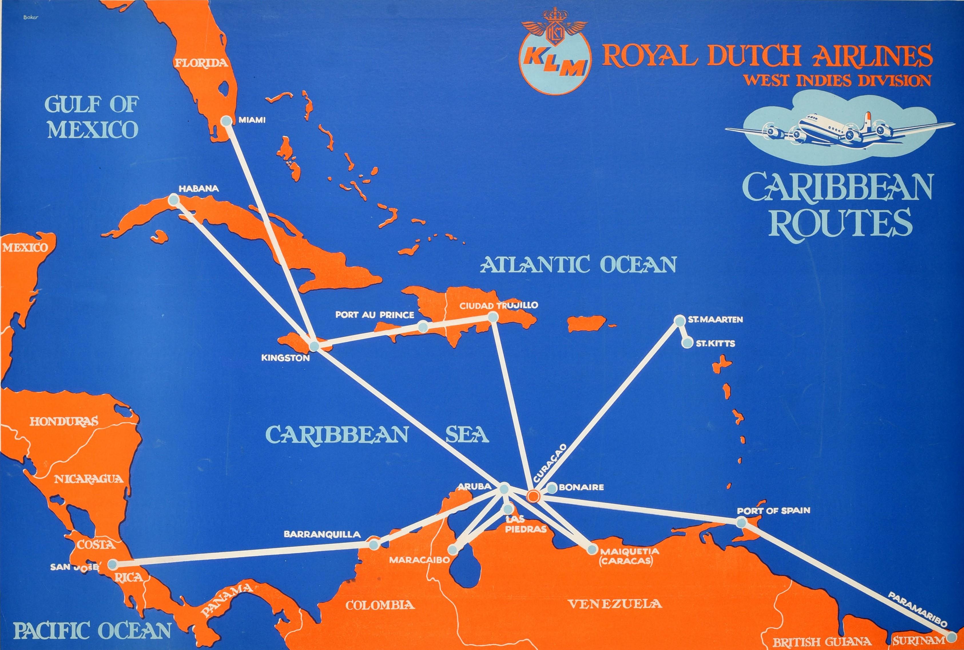 Original vintage travel poster for KLM Royal Dutch Airlines West Indies Division Caribbean Routes featuring a map of the Caribbean islands and the Atlantic Ocean Caribbean Sea Gulf of Mexico and Pacific Ocean with the flight route marked from