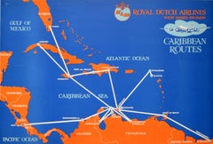 Póster original de época KLM Air Travel West Indies Caribbean Islands Route Map