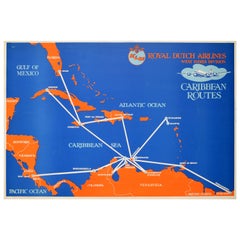 Poster d'epoca originale KLM Air Travel West Indies Caribbean Islands Route Map