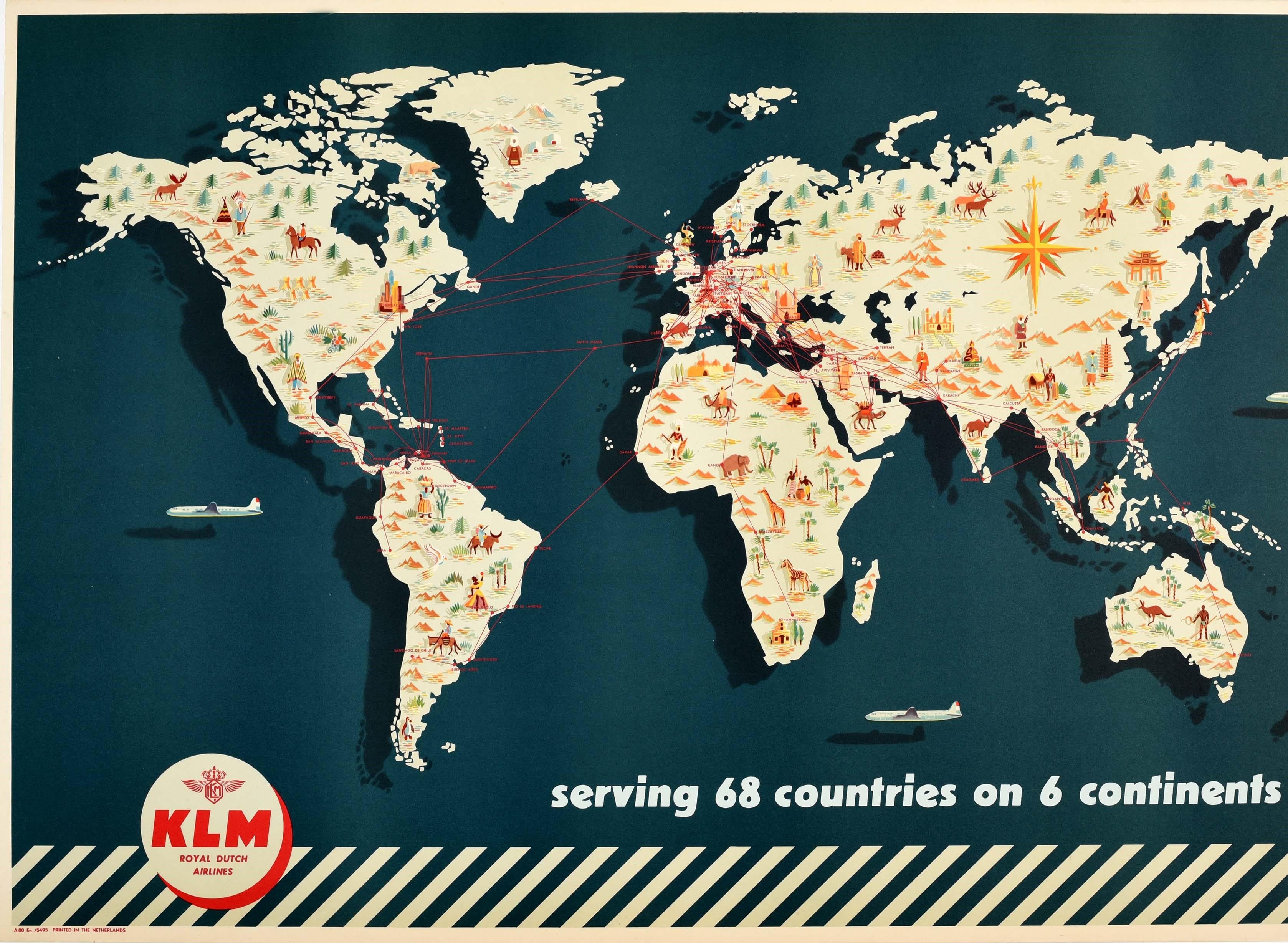 Original vintage travel map poster advertising KLM Royal Dutch Airlines serving 68 countries on 6 continents featuring a pictorial map of the world depicting people, mountains and animals with stylised planes flying overhead, all creating shadows on