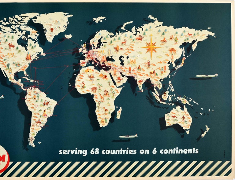 Original Vintage Poster KLM Airline Route Map Travel 68 Countries 6 ...