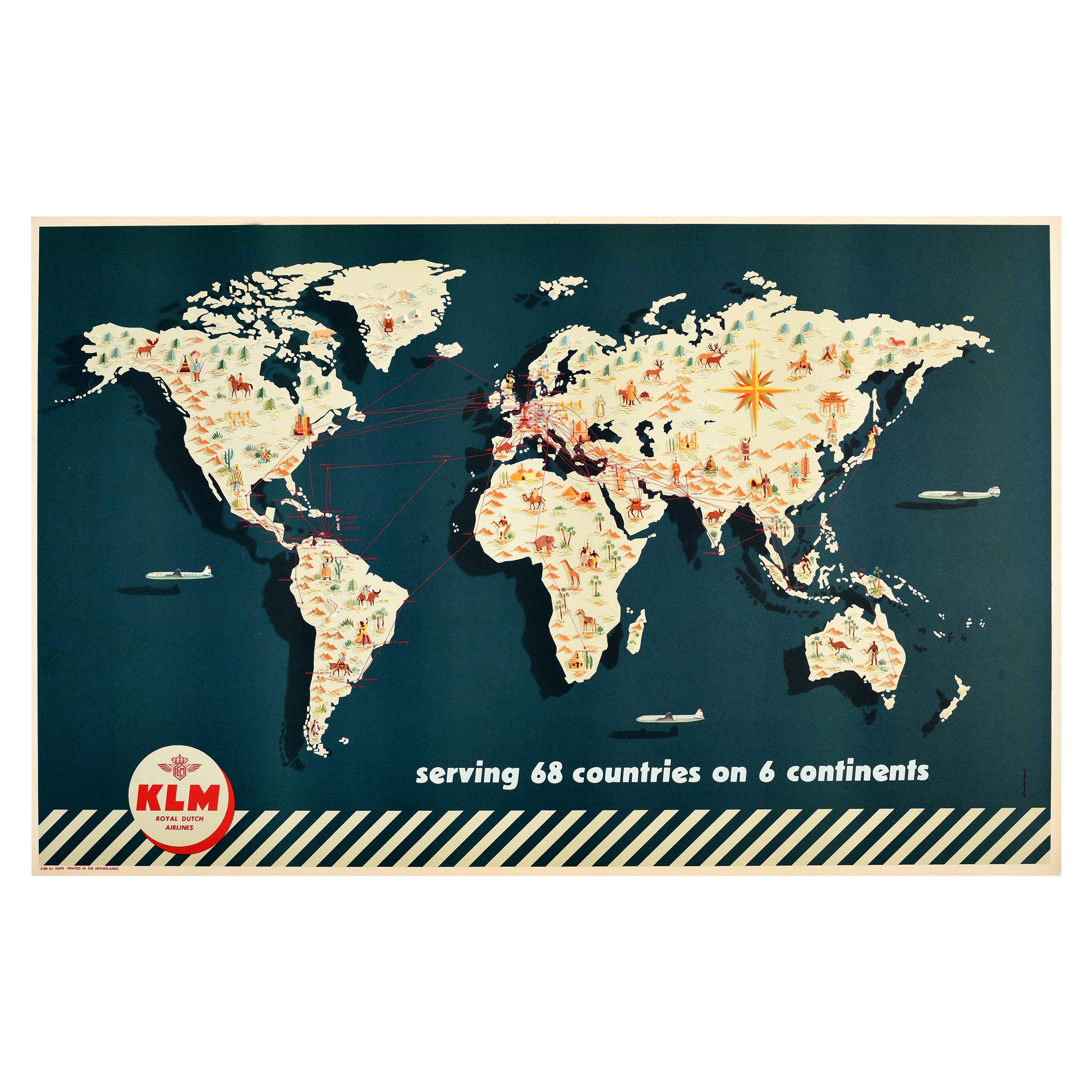 Original Vintage Poster KLM Airline Route Map Travel 68 Countries 6 Continents