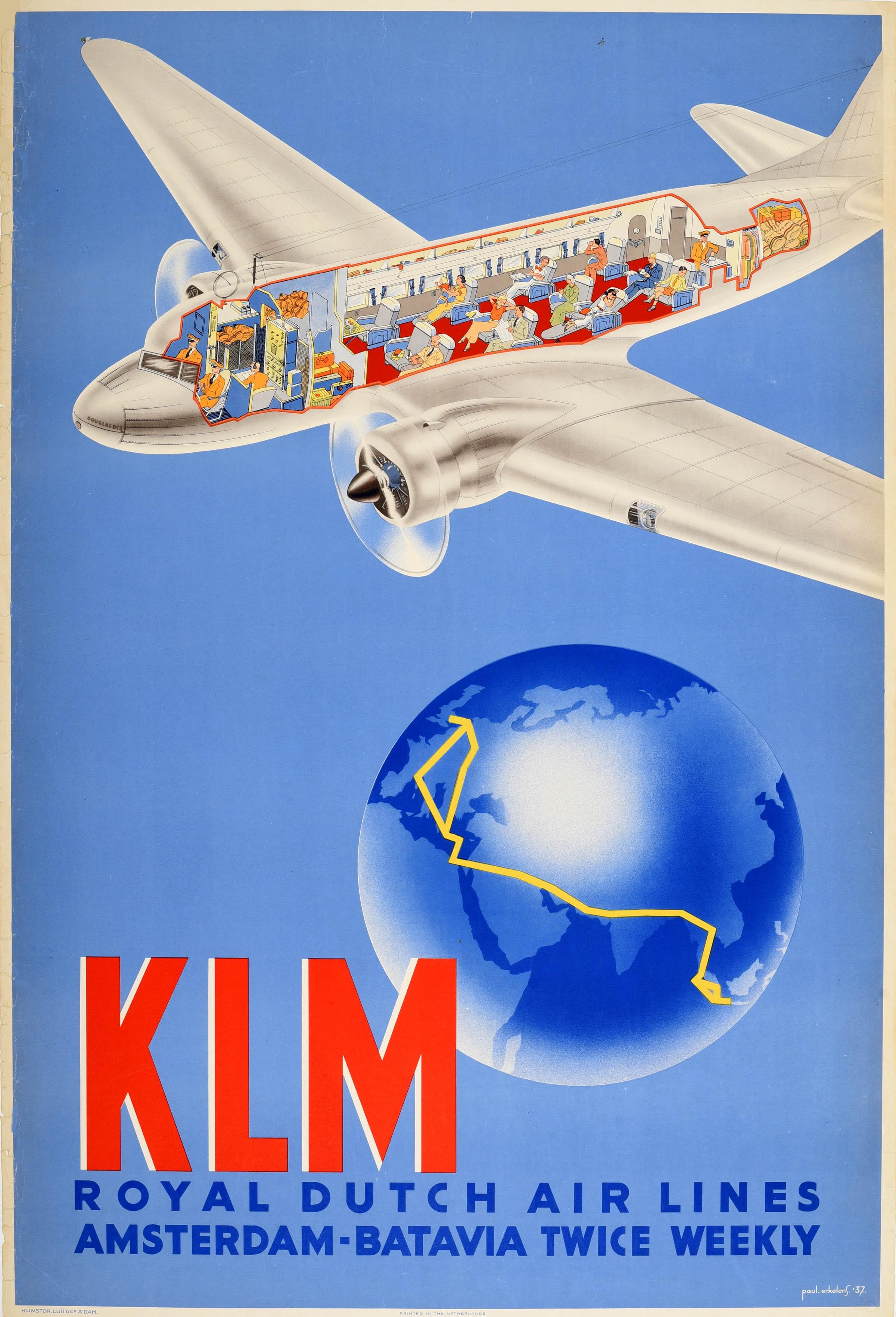 Original vintage travel advertising poster for KLM Royal Dutch Air Lines Amsterdam Batavia Twice Weekly featuring a great design depicting a cutaway of a Douglas DC-3 propeller plane showing passengers relaxing on comfortable reclining seats with