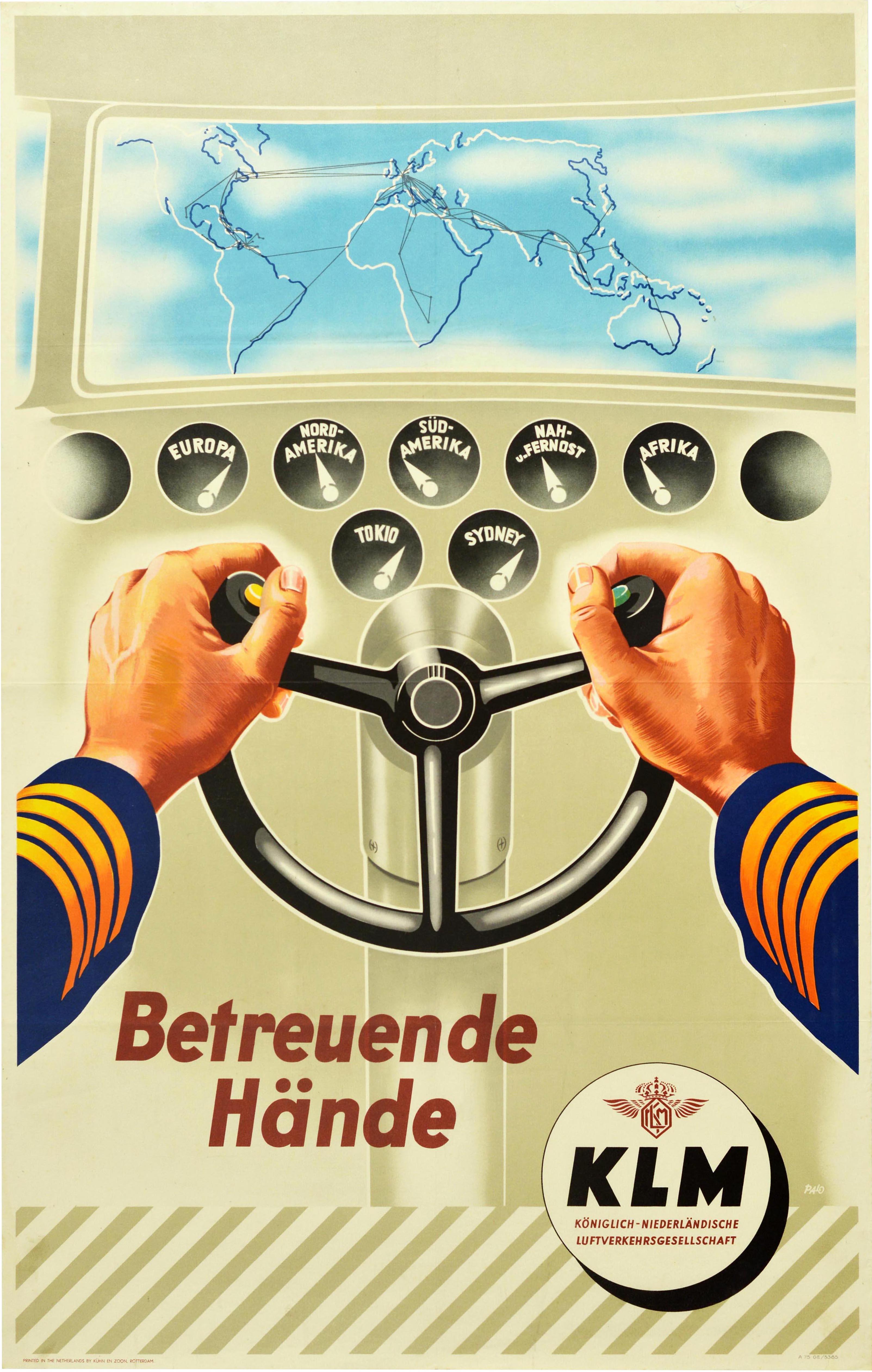 Original vintage KLM airline advertising poster - Caring hands / Betreuende Hande - featuring a great design showing the arms of a pilot in a blue and gold uniform holding the controls in the cabin of a plane with a world map featuring flight routes