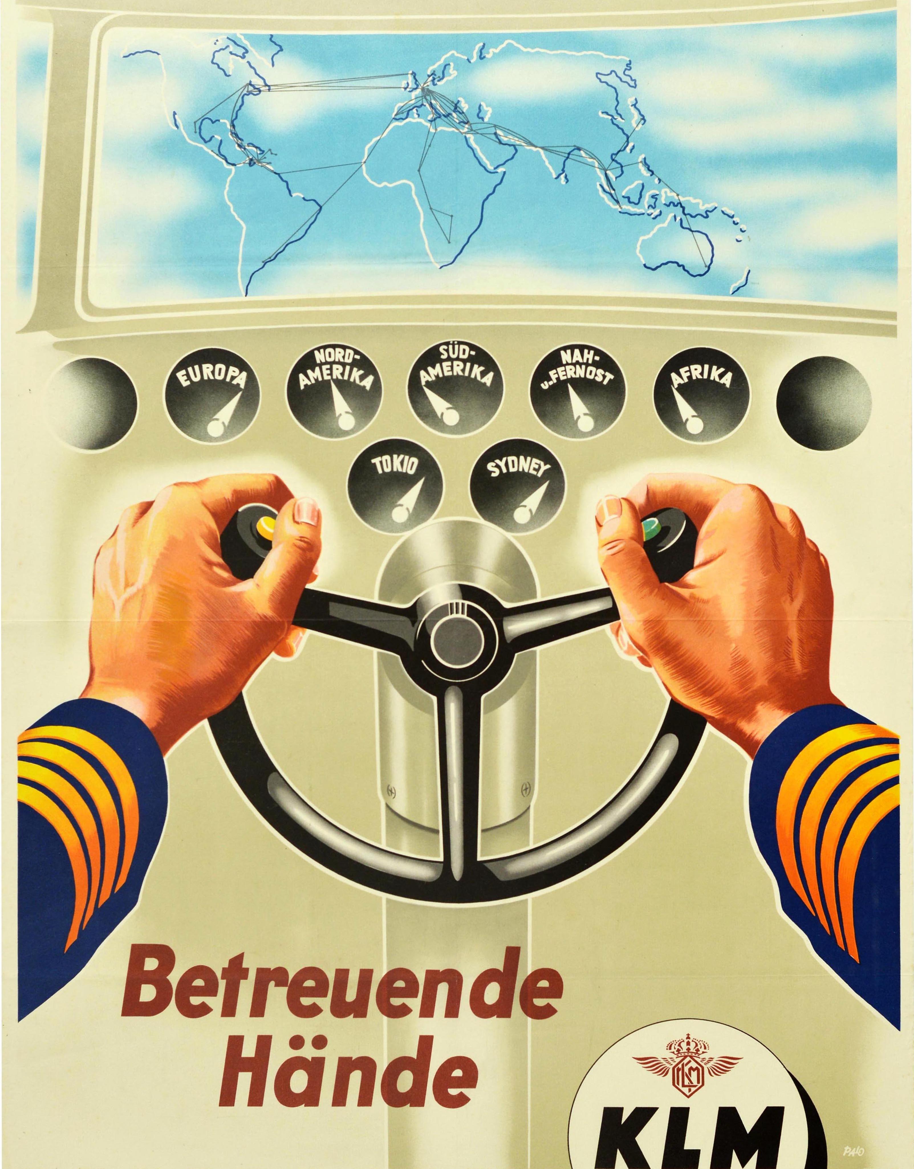 Mid-20th Century Original Vintage Poster KLM Royal Dutch Airline Pilot Caring Hands Route Map For Sale