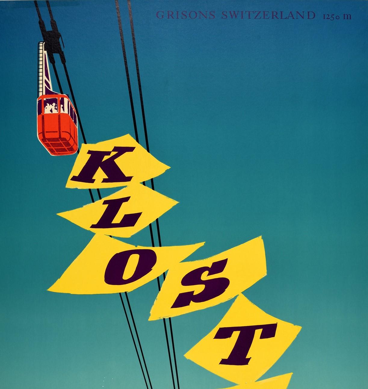 Original vintage poster promoting winter sports and skiing in the popular Swiss alpine resort of Klosters Grisons Switzerland 1250m featuring a great design by Donald Brun (1909-1999) depicting the word Klosters in stylised letters on yellow shapes