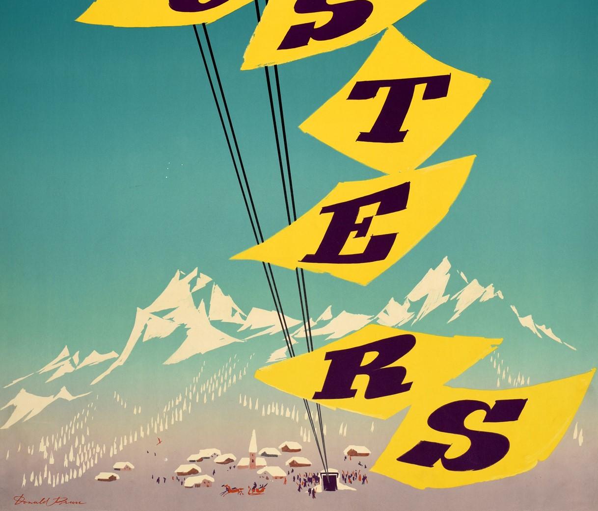 Swiss Original Vintage Poster Klosters Alpine Skiing Winter Sport Grisons Switzerland