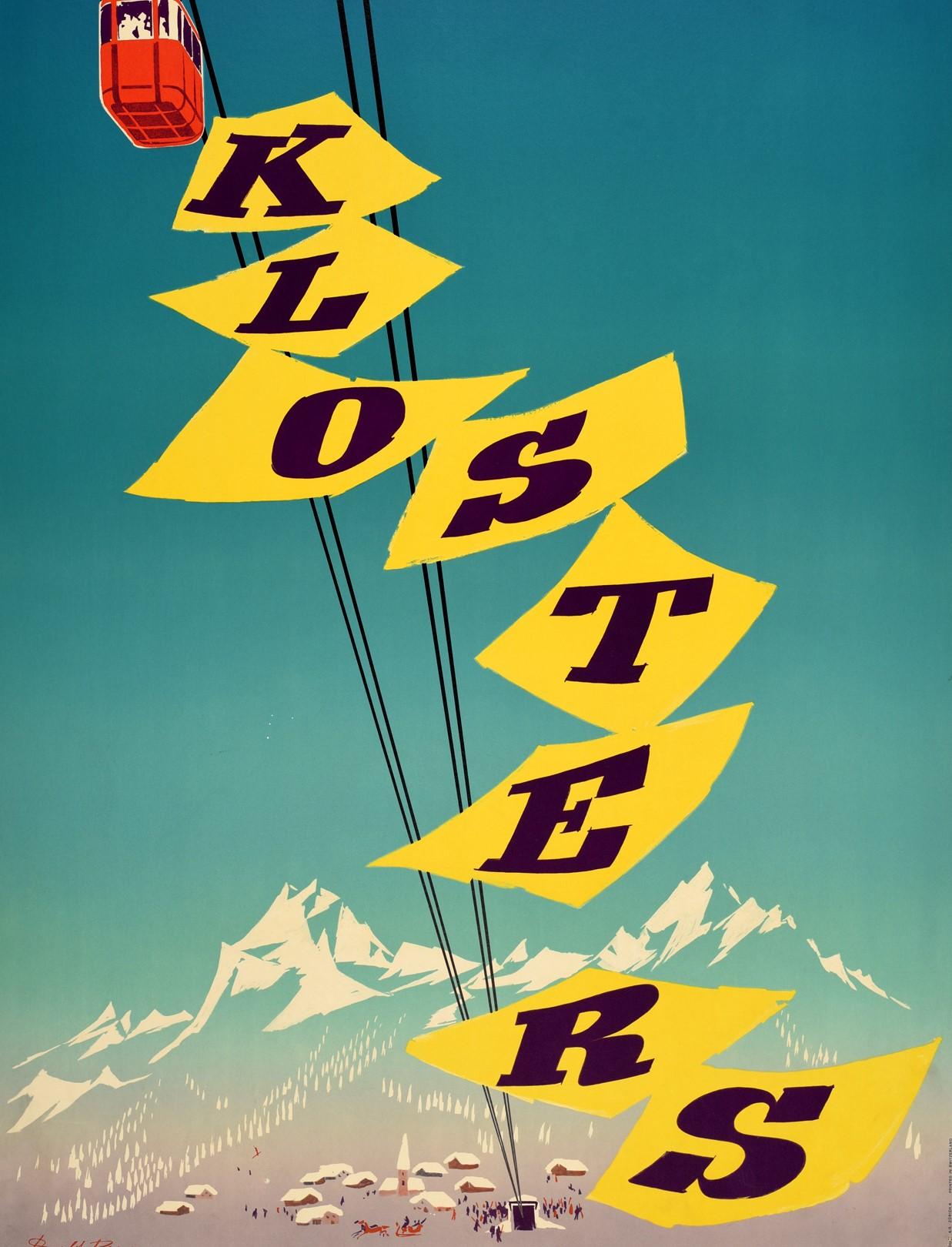 Original Vintage Poster Klosters Alpine Skiing Winter Sport Grisons Switzerland In Good Condition In London, GB