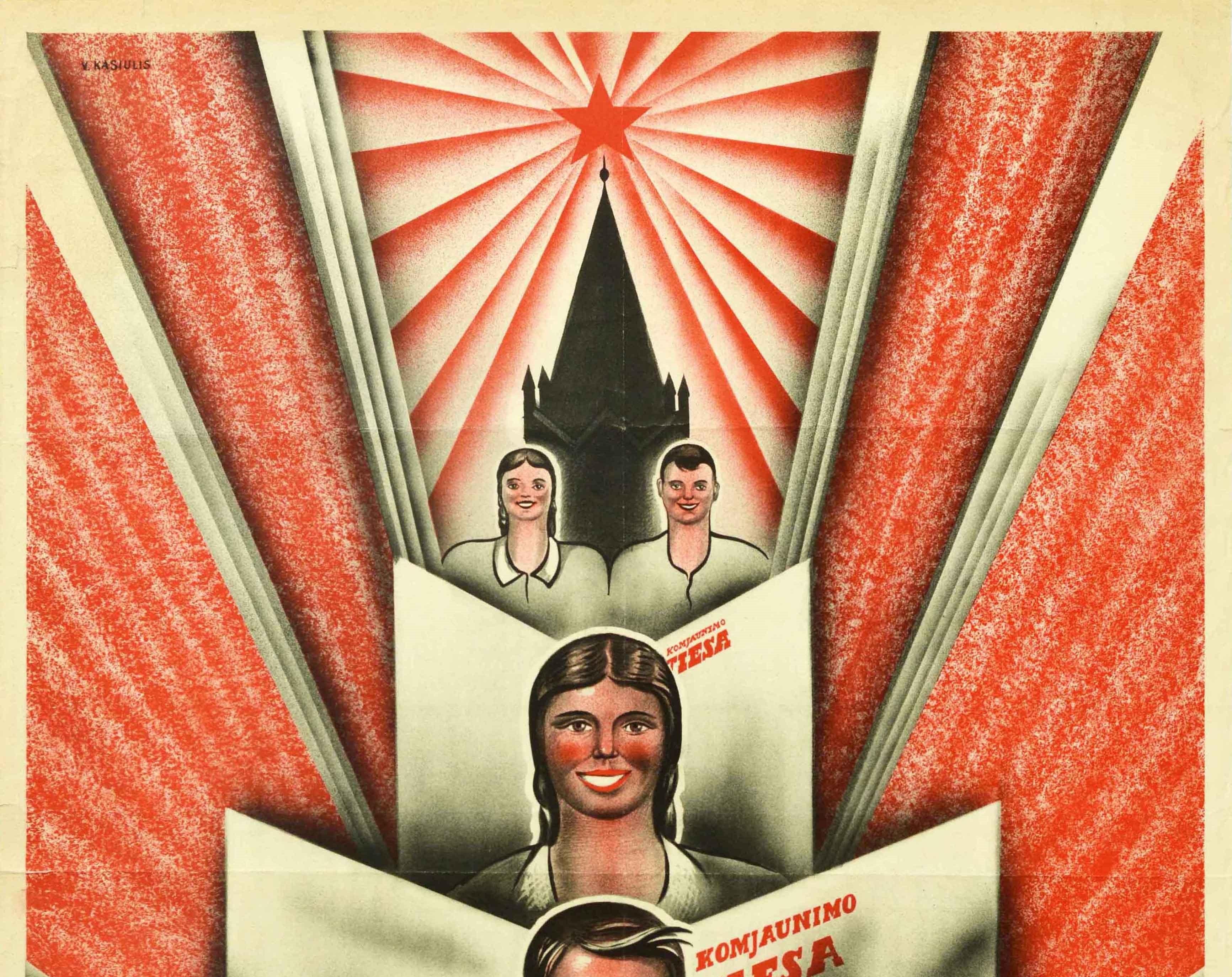 Lithuanian Original Vintage Poster Komjaunimo Tiesa Communist Youth Newspaper Lenin Truth