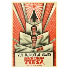 Original Vintage Poster Komjaunimo Tiesa Communist Youth Newspaper Lenin Truth