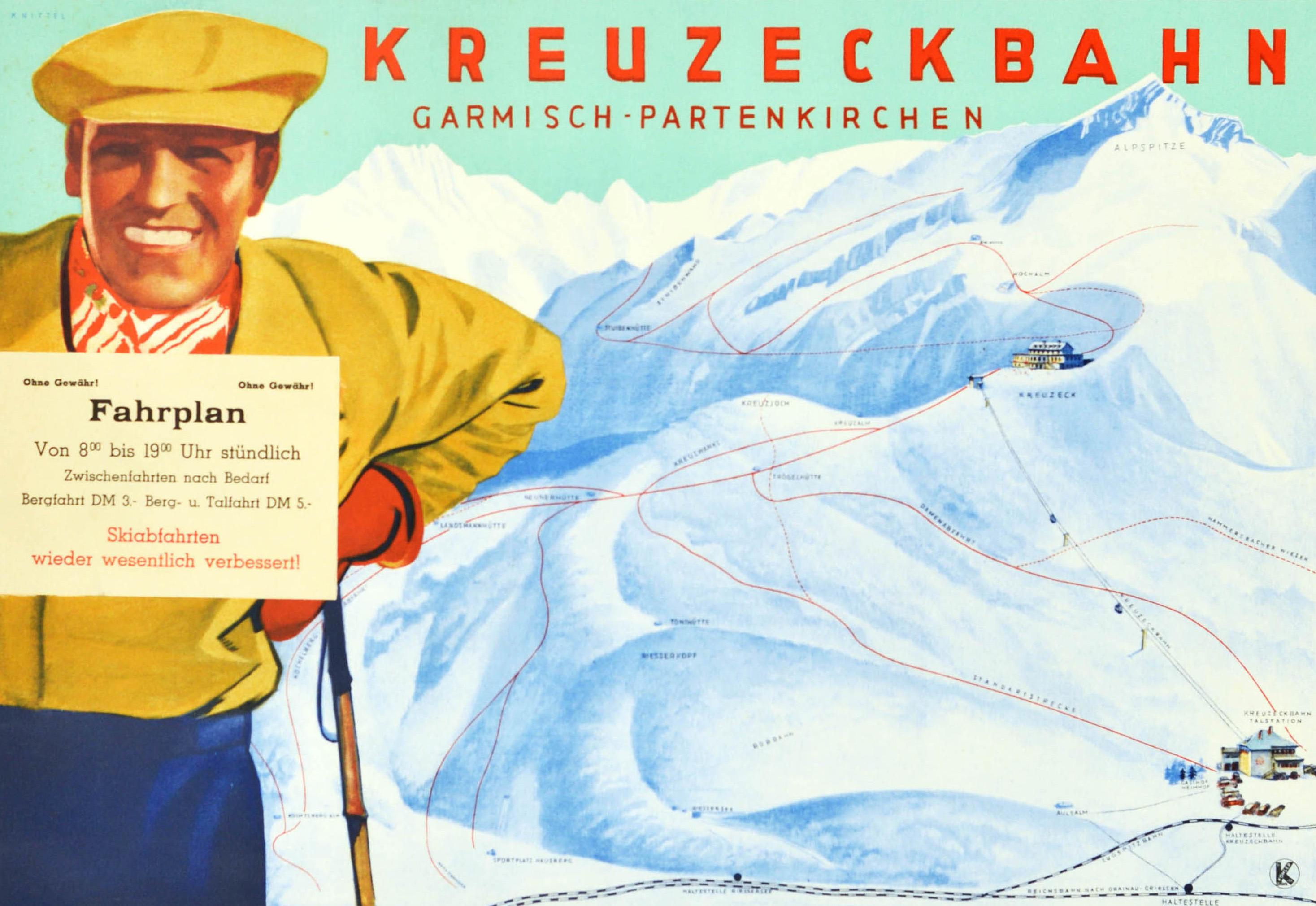 Original vintage poster promoting the Kreuzeckbahn Garmisch-Partenkirchen cable car service (opened 1926) in the alps mountain range of Bavaria Germany. Great design depicting a view of the ski resort area with the railway routes marked and a