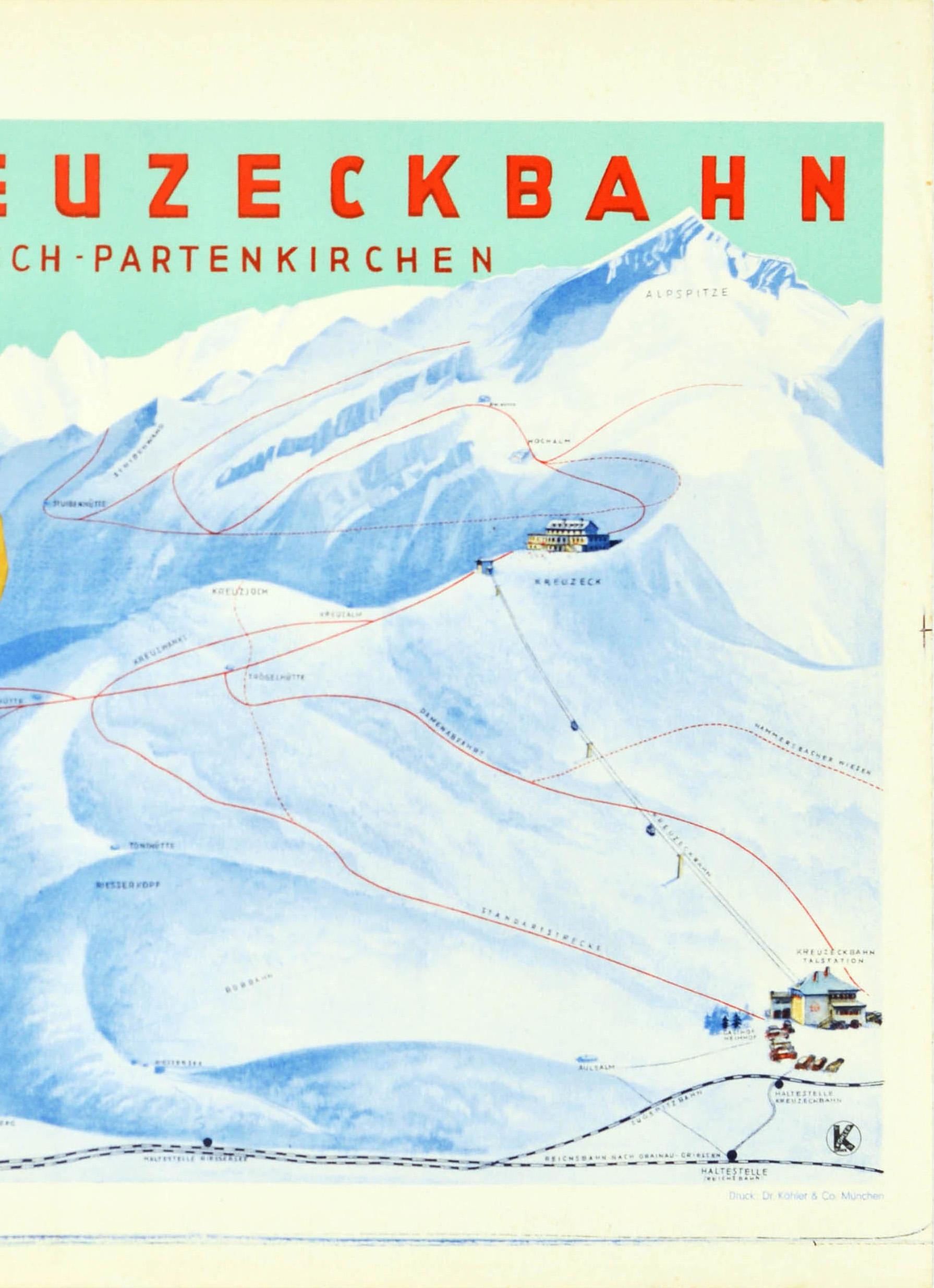 German Original Vintage Poster Kreuzeck Bahn Garmisch Partenkirchen Skiing Cable Car For Sale