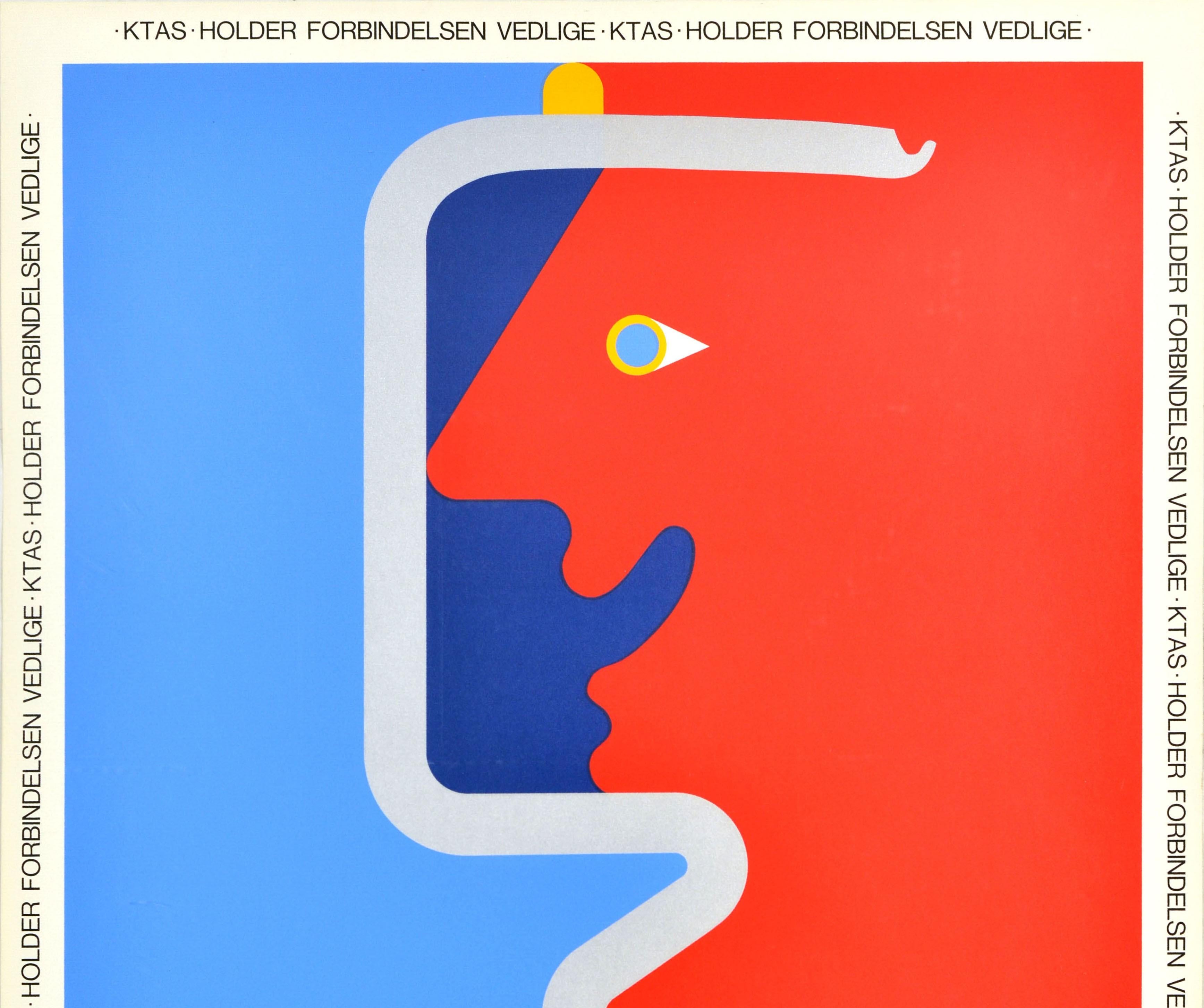 Original vintage advertising poster - Ktas Holder Forbindelsen Vedlige / Maintains the connection - featuring a colourful illustration by the Danish poster artist and designer Per Arnoldi (b. 1941) of a stylised red silhouette of a person set on a