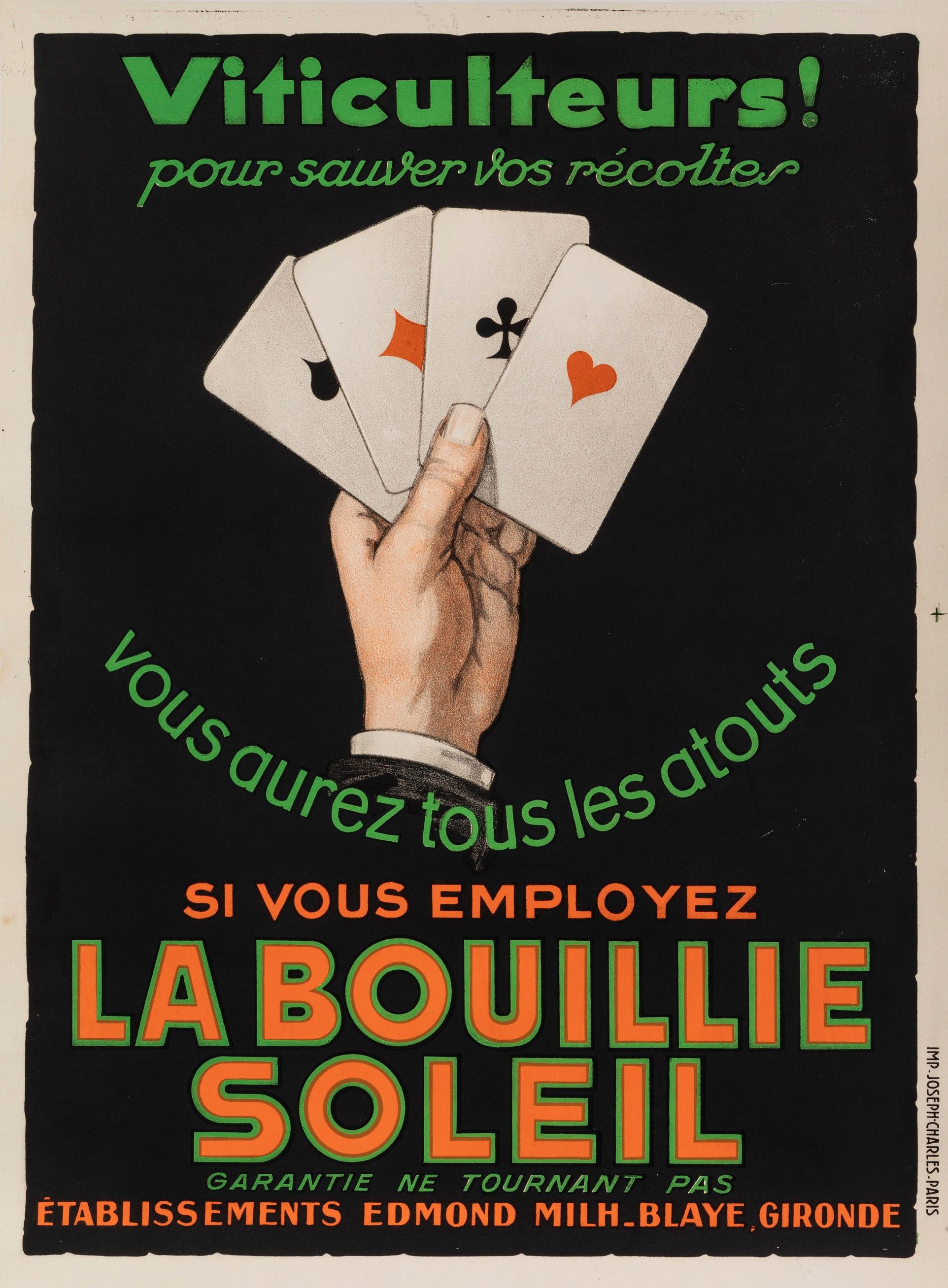 Français Affiche vintage originale, La Bouillie Soleil, Fertilizer, poker Card Game, 1930 en vente