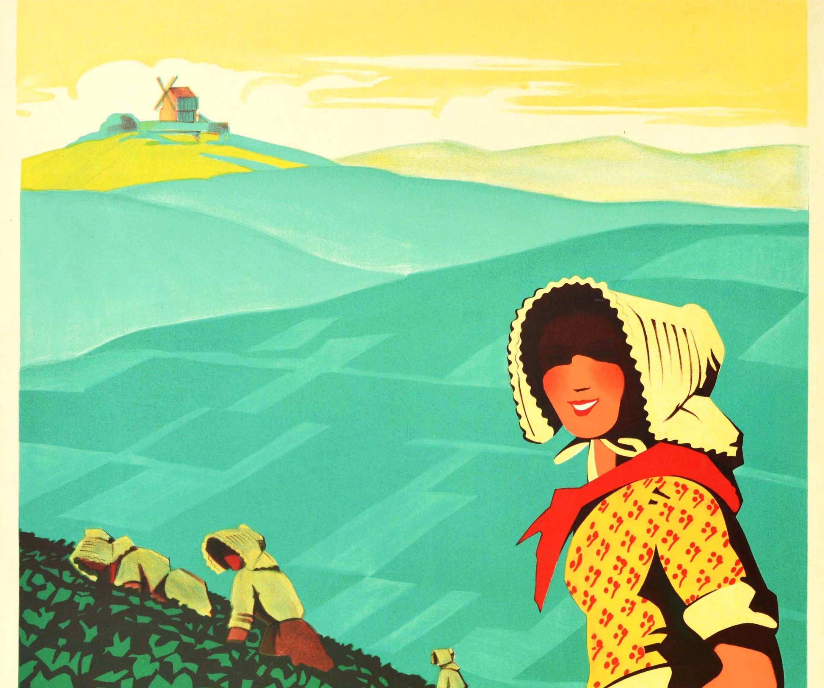 Original vintage travel poster for La Champagne featuring a great illustration by Adrien Senechal (1895-1974) of ladies in yellow dresses with bonnet hats and red scarves picking grapes in a vineyard with a lady in the foreground smiling towards the