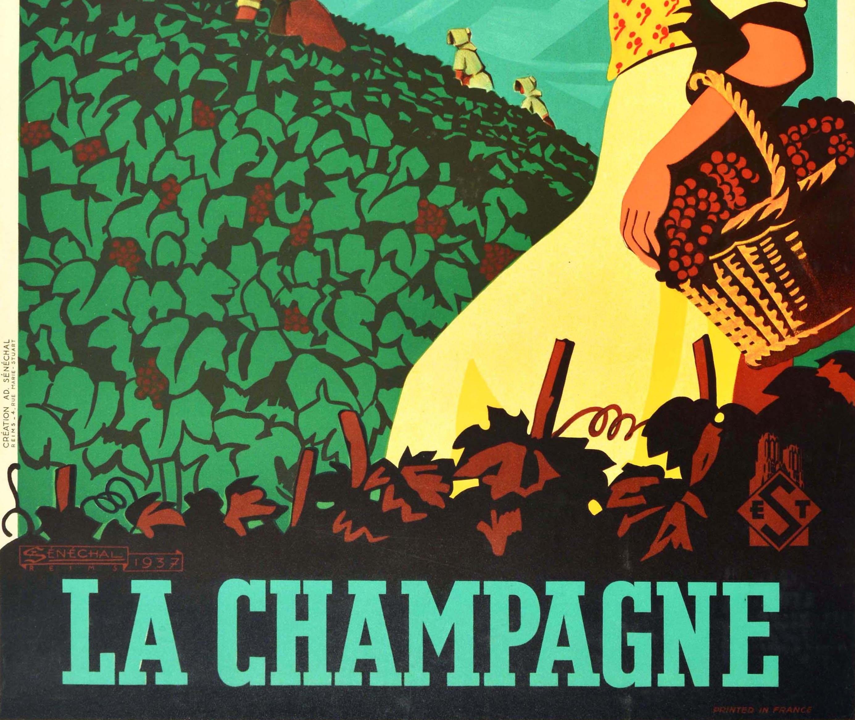 Français Affiche vintage d'origine La Champagne France - Boîte à vin scintillante, raisins de vignoble en vente