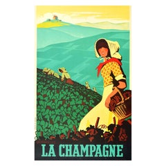 Original Vintage Poster La Champagne France Sparkling Wine Drink Vineyard Grapes