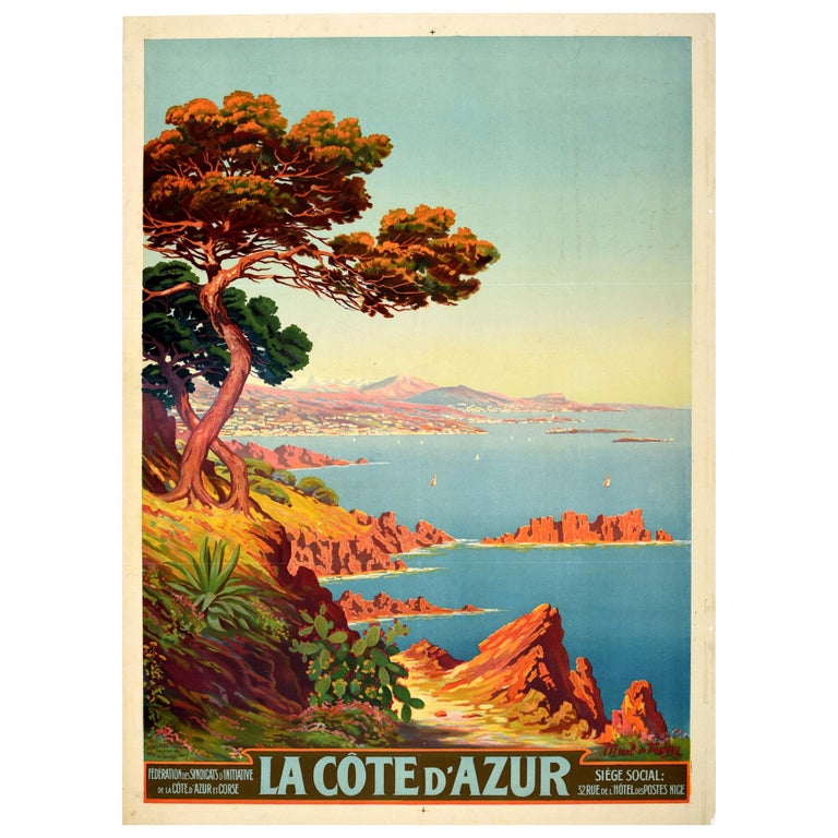 Original Vintage Poster La Cote D Azur Riviera Mediterranean Sea View Travel Art For Sale At 1stdibs