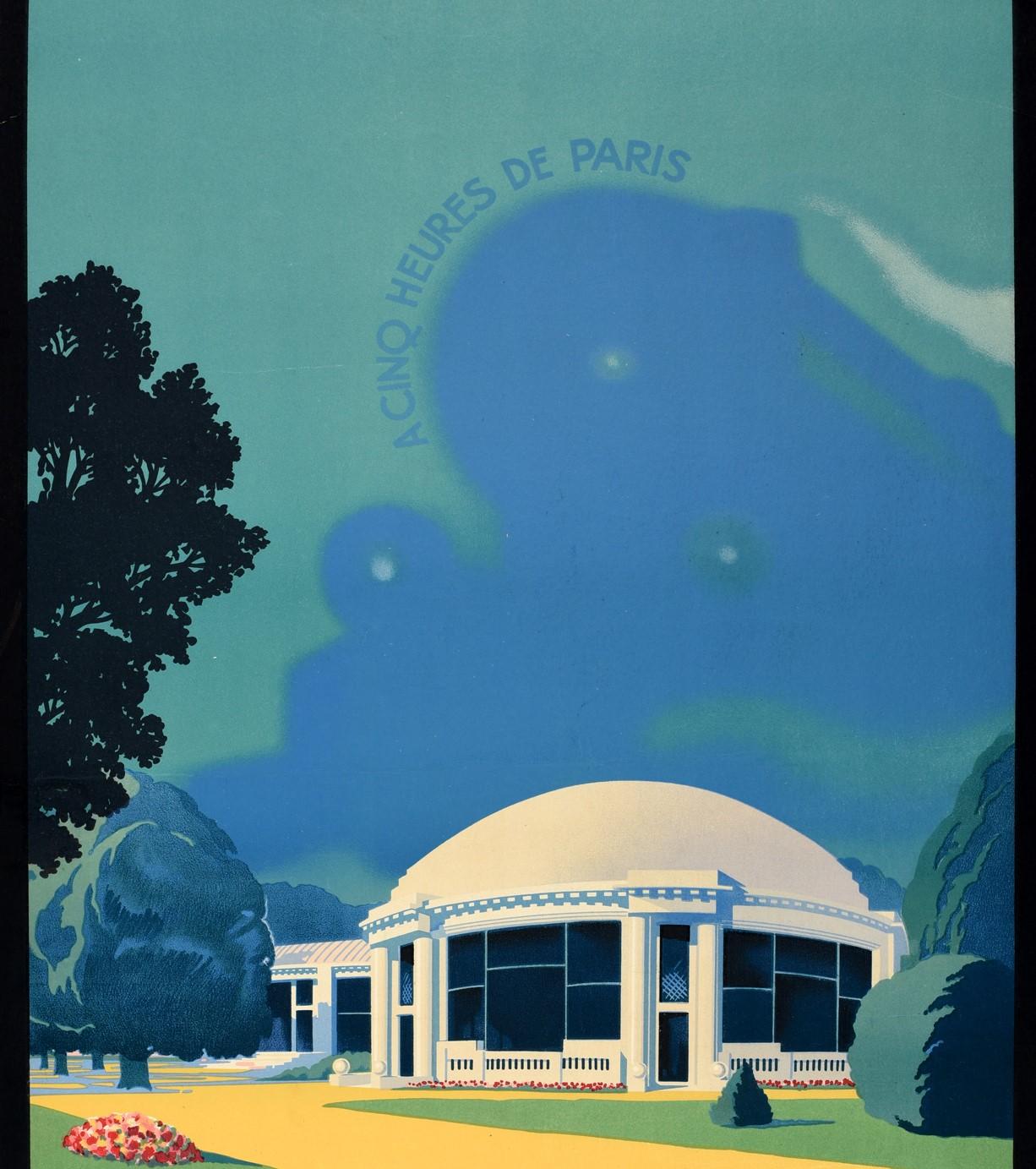 Original vintage railway poster advertising summer travel by train from 25 May to 25 September to the spa resort town of Vittel in north-east France in five hours from Paris - La Grande Source Vittel Vosges a cinq heures de Paris Chemins de Fer de