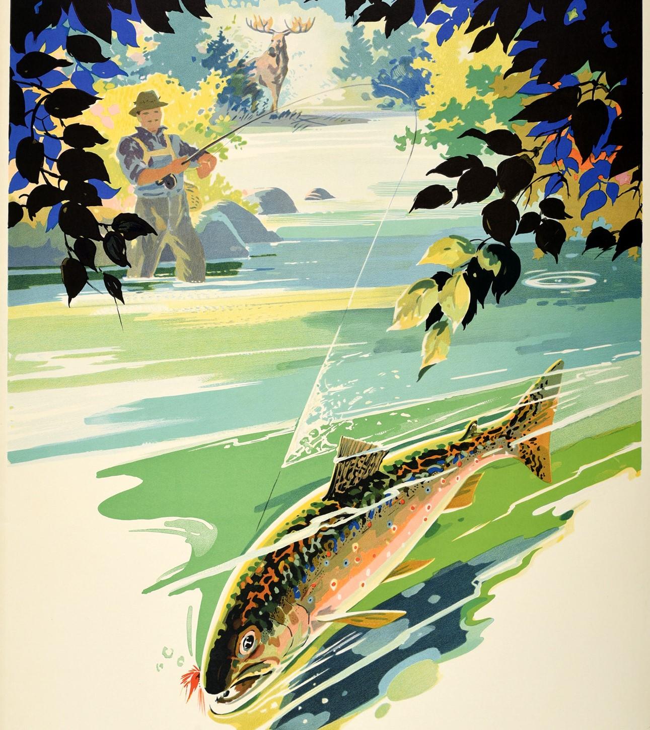 Original vintage travel advertising poster for La Province de Quebec or the Province of Quebec in Canada featuring a great design depicting a fisherman in a river fly fishing for trout caught in the foreground with a moose visible in the background