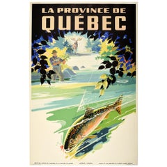 Original Vintage Poster La Province De Quebec Canada Travel Moose Fishing Design