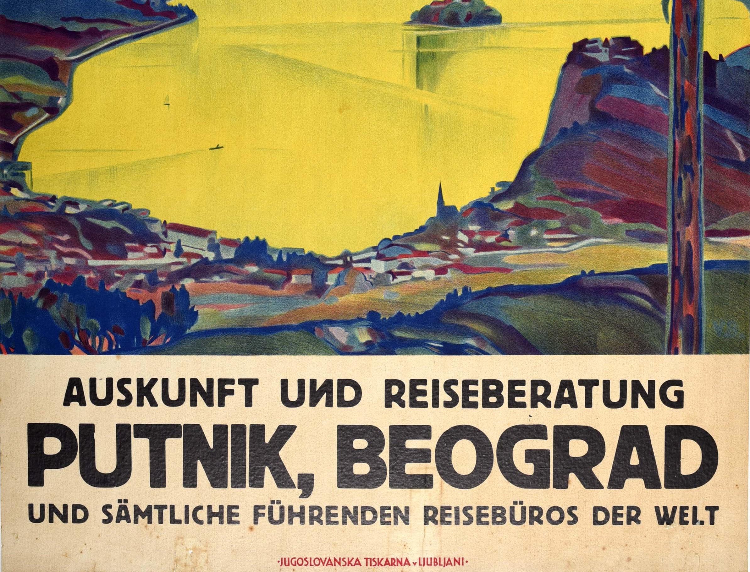 Macédonien Affiche vintage d'origine lac Bled Island Yugoslavia Rail Travel Putnik Beograd en vente