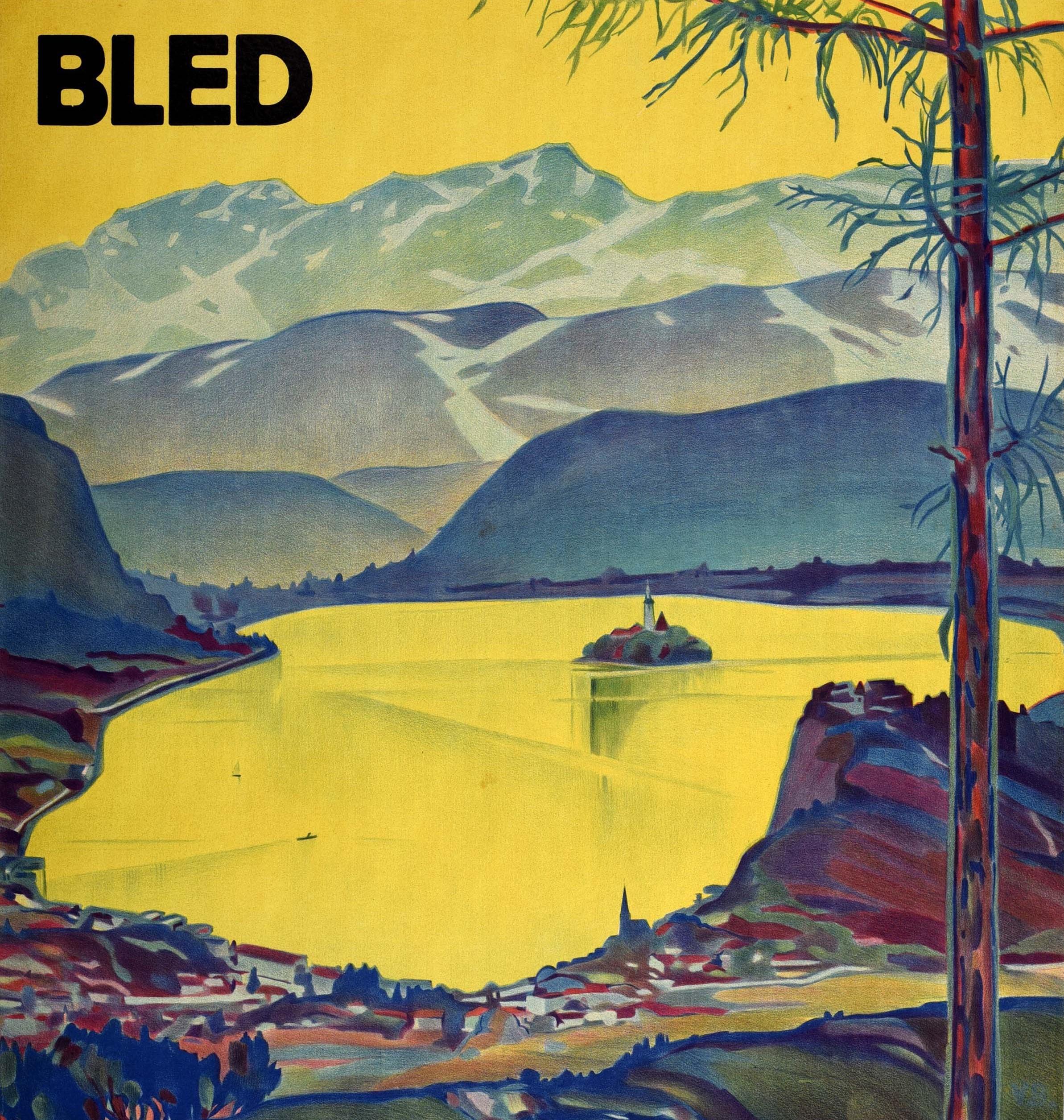 Affiche vintage d'origine lac Bled Island Yugoslavia Rail Travel Putnik Beograd État moyen - En vente à London, GB