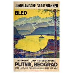 Póster original de época Isla del lago Bled Yugoslavia Viaje en tren Putnik Beograd