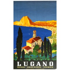 Original Vintage Poster Lake Lugano Swiss Riviera Sailing Mountains Travel Art