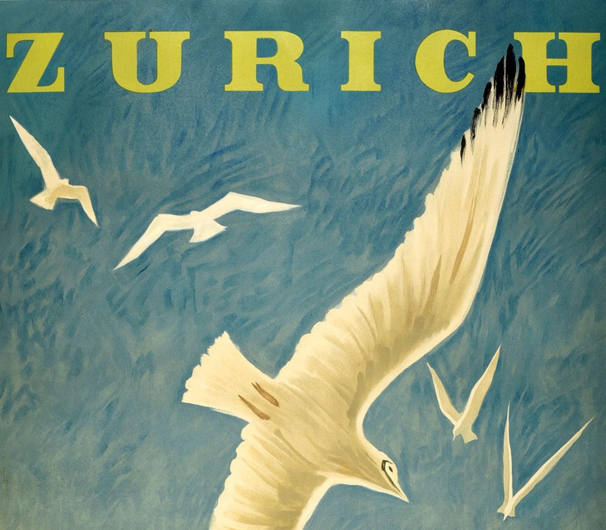 Original vintage travel advertising poster for Zurich Switzerland Suisse Schweiz featuring a great image by the Swiss artist Alex Walter Diggelmann (1902-1987) of the lake with seagulls flying in the foreground, a bright red Swiss flag on the left