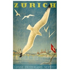 Original Vintage Poster Lake Zurich Switzerland Sailing Swiss Alps Travel Art