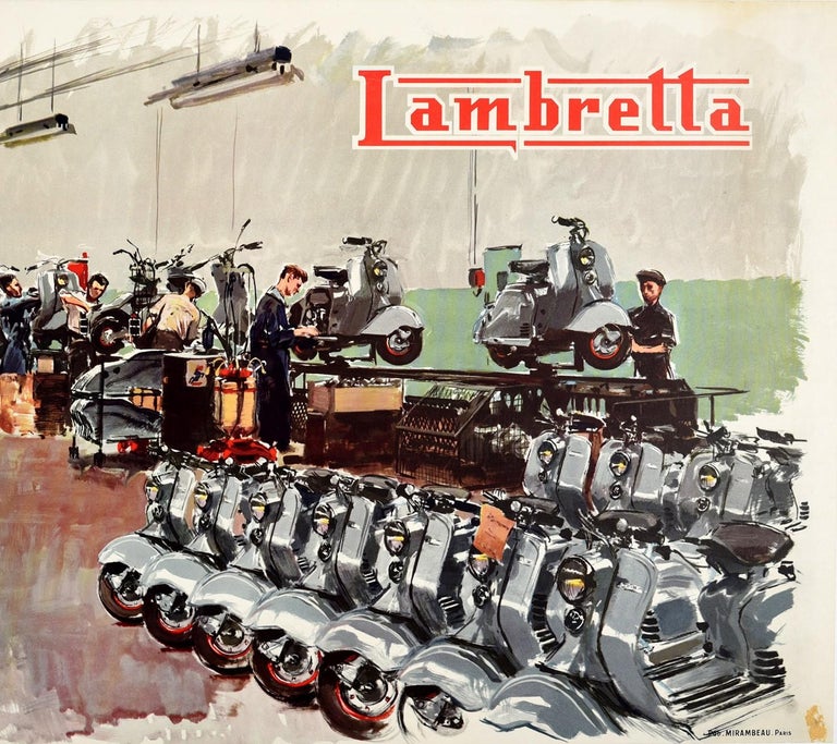 Original vintage advertising poster for Lambretta featuring great artwork by the French artist Albert Brenet (1903-2005) showing production workers in a factory with a row of the iconic scooters lined up in the foreground. Founded in 1947, the