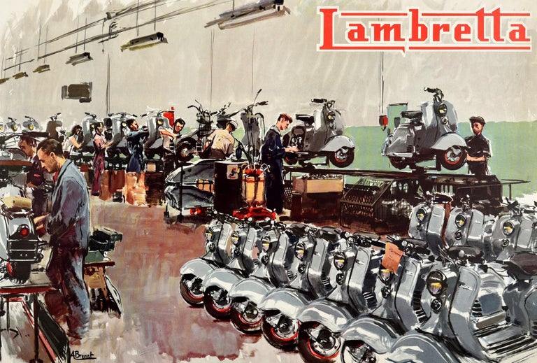 Original Vintage Poster Lambretta Scooter Factory Workshop Advertising Art In Good Condition For Sale In London, GB