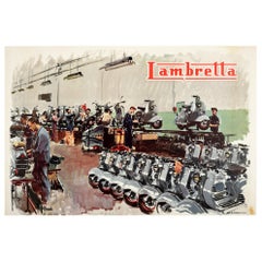 Original Vintage Poster Lambretta Scooter Factory Workshop Advertising Art