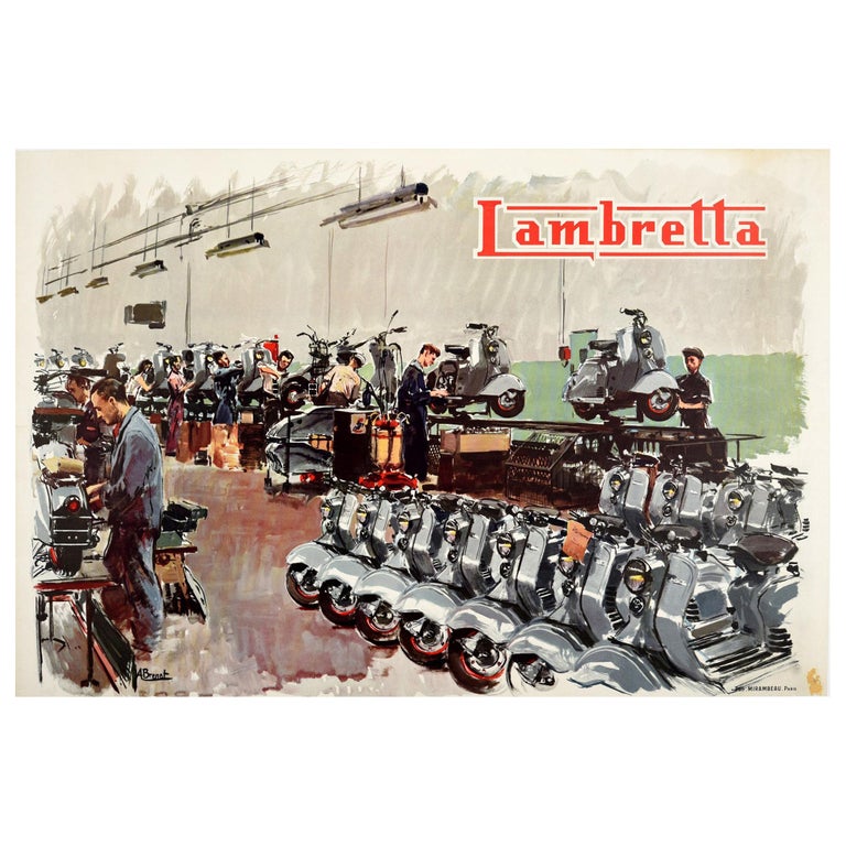 Original Vintage Poster Lambretta Scooter Factory Workshop Advertising Art For Sale