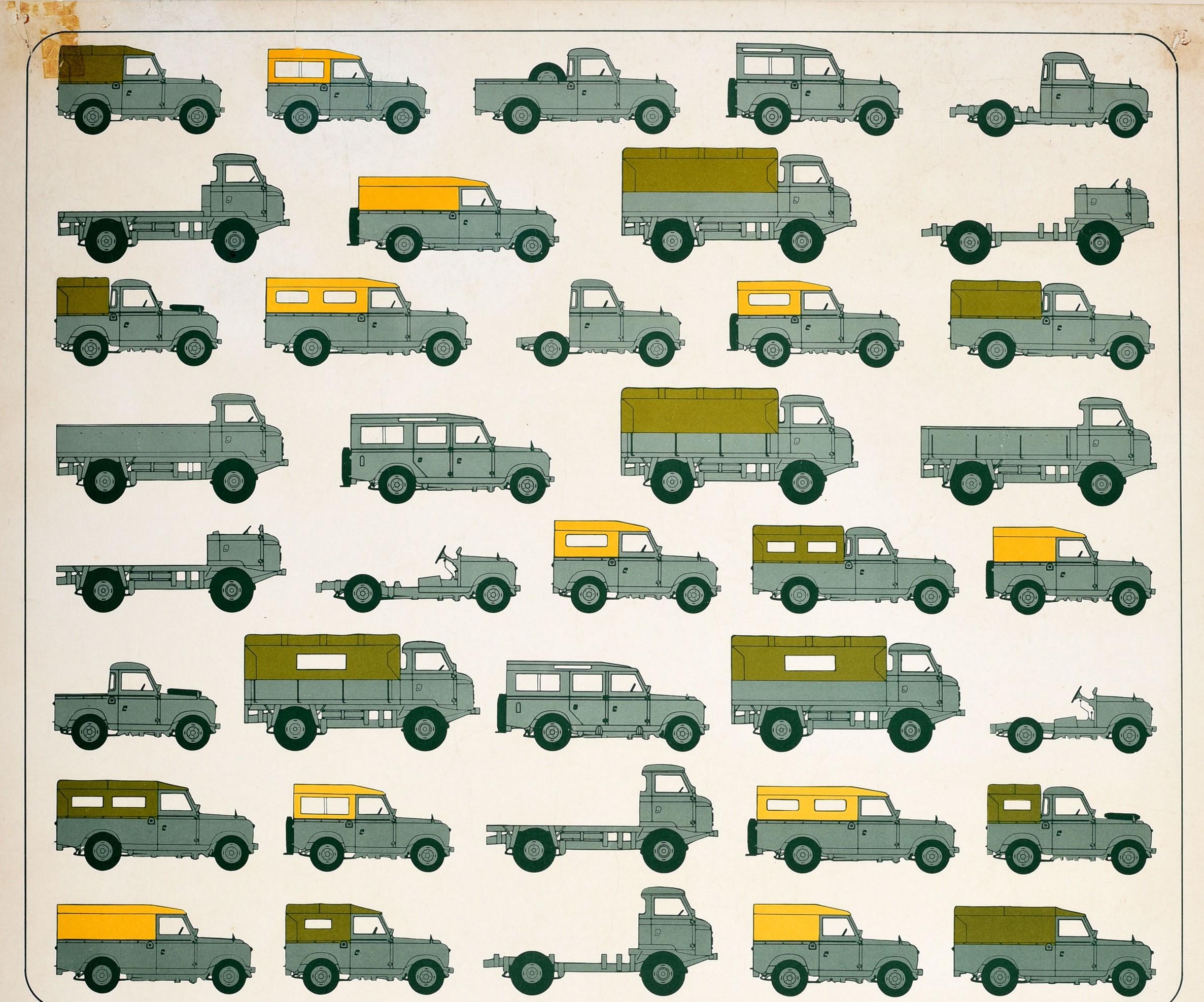 Original vintage car advertising poster for Land Rover: I've Got More Than a Pretty Face - I've Got 38 Body Styles! Great image featuring a range of different models of Land Rover off-road jeep and truck vehicles inside a big speech bubble with a