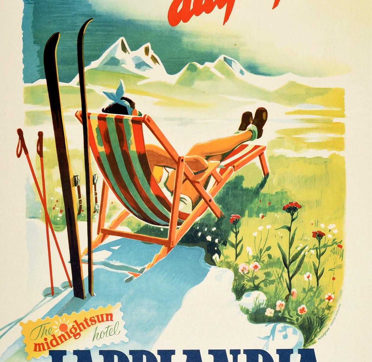 Original-Vintage-Poster, Lapplandia, Schweden, Mitternachts-Sonnen-Tageslicht, Ski-Wintersport im Zustand „Relativ gut“ im Angebot in London, GB