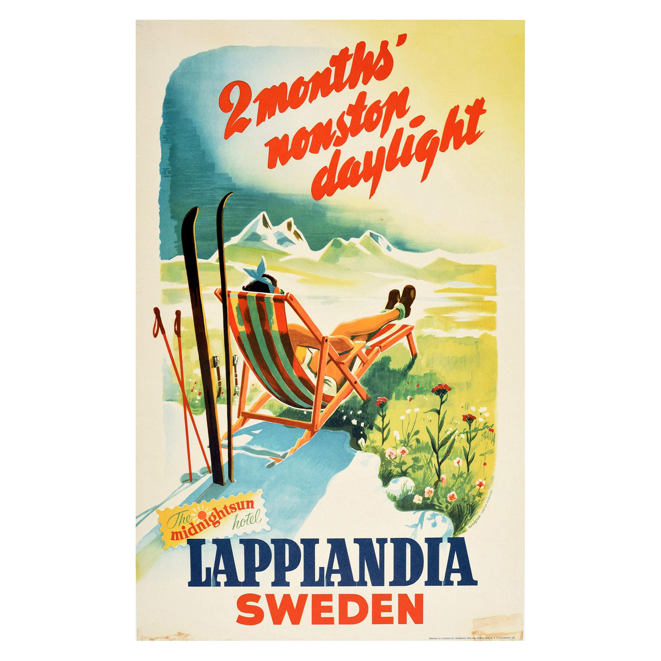 Original-Vintage-Poster, Lapplandia, Schweden, Mitternachts-Sonnen-Tageslicht, Ski-Wintersport im Angebot