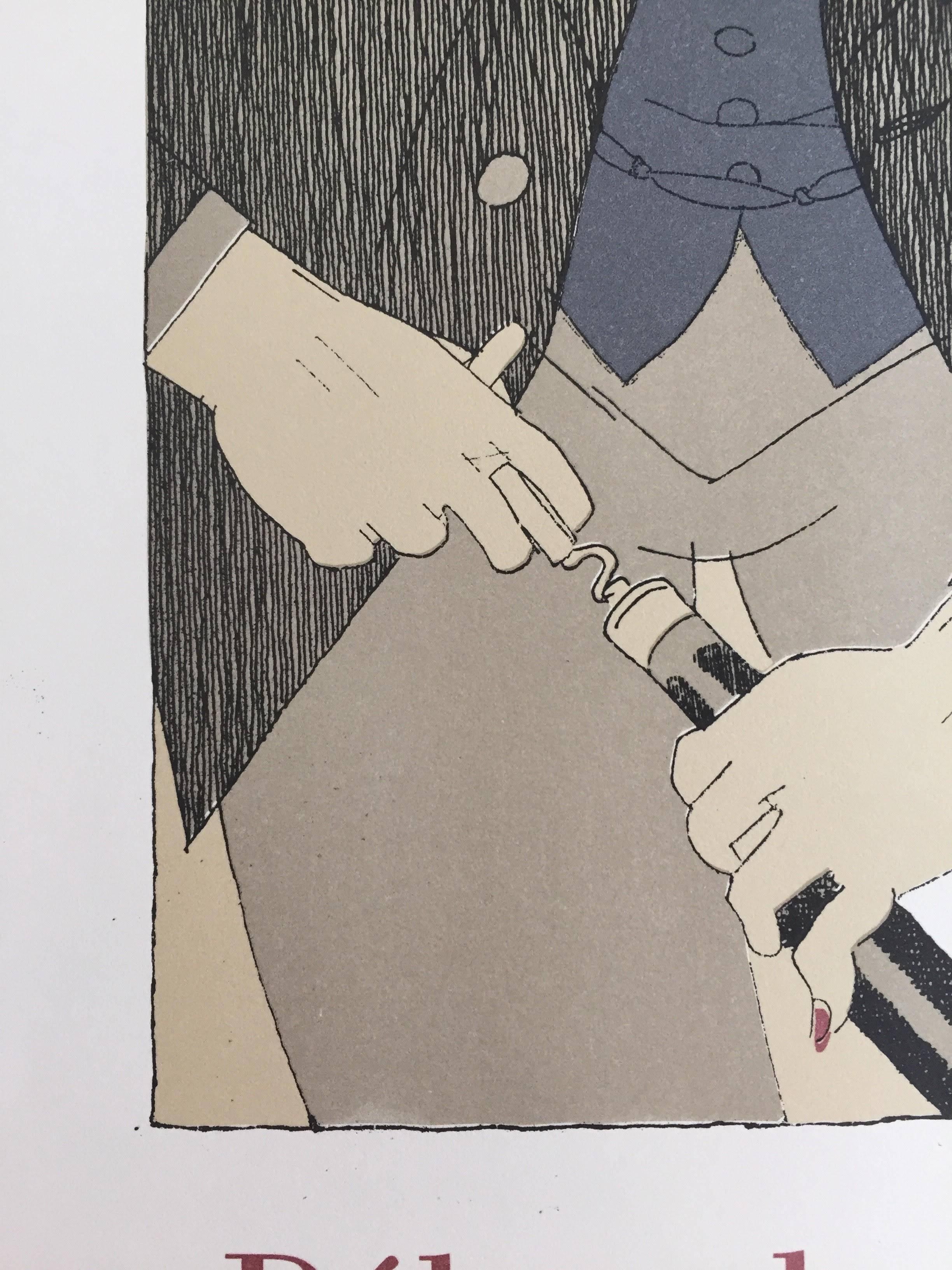 This poster was derived from a series of illustrations on the different stages of drinking wine. There is the uncorking, smelling the cork, pour slowly, mental preparation, the pleasure of the eyes, the pleasure of the nose, the pleasure of the
