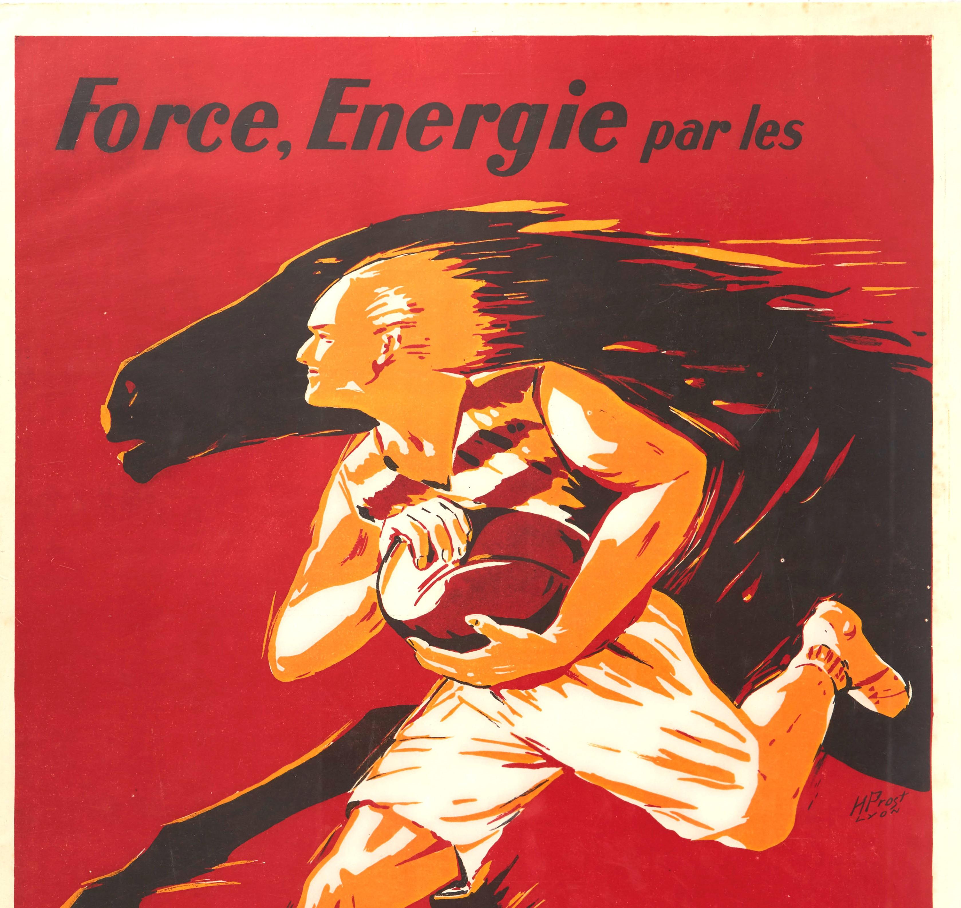 Original vintage sport themed advertising poster - Strength, Energy by Lavocat Products irradiated food / Force, Energie par les Produits Lavocat aliments irradies - featuring dynamic artwork depicting a man running at speed with a rugby ball